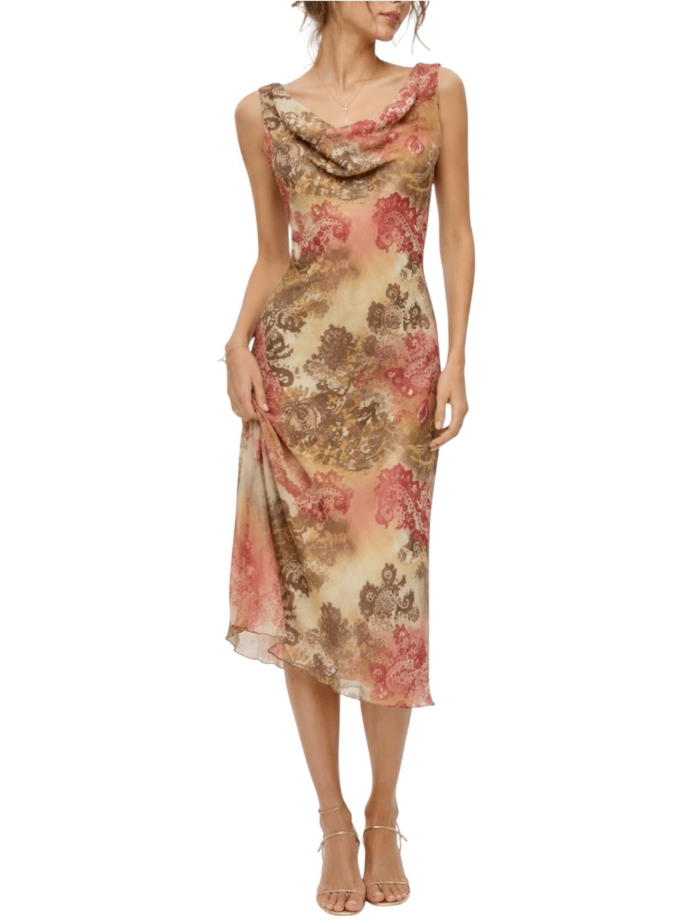 Vintage Y2K Paisley Cowl Neck Bias Slip Midi Dress Romantic Fairy Garden Party 6